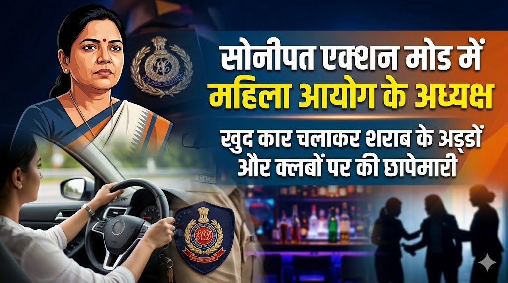 सोनीपत एक्शन मोड में महिला आयोग के अध्यक्ष खुद कार  चलाकर शराब के अड्डों और क्लबो पर की छापेमारी …..